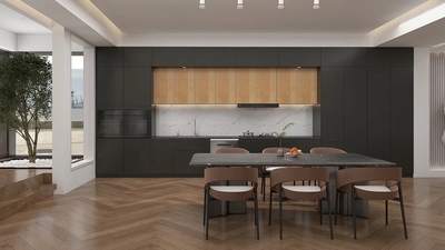 Textured Black Kitchen Cabinets